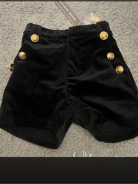 One Child Black Velvet Toddler Shorts with Gold Button Accents